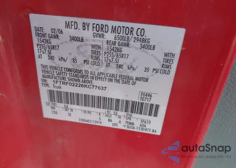 2006 Ford F-150 Stx/Xlt from USA, damaged, VIN 1FTRF02226KC77637